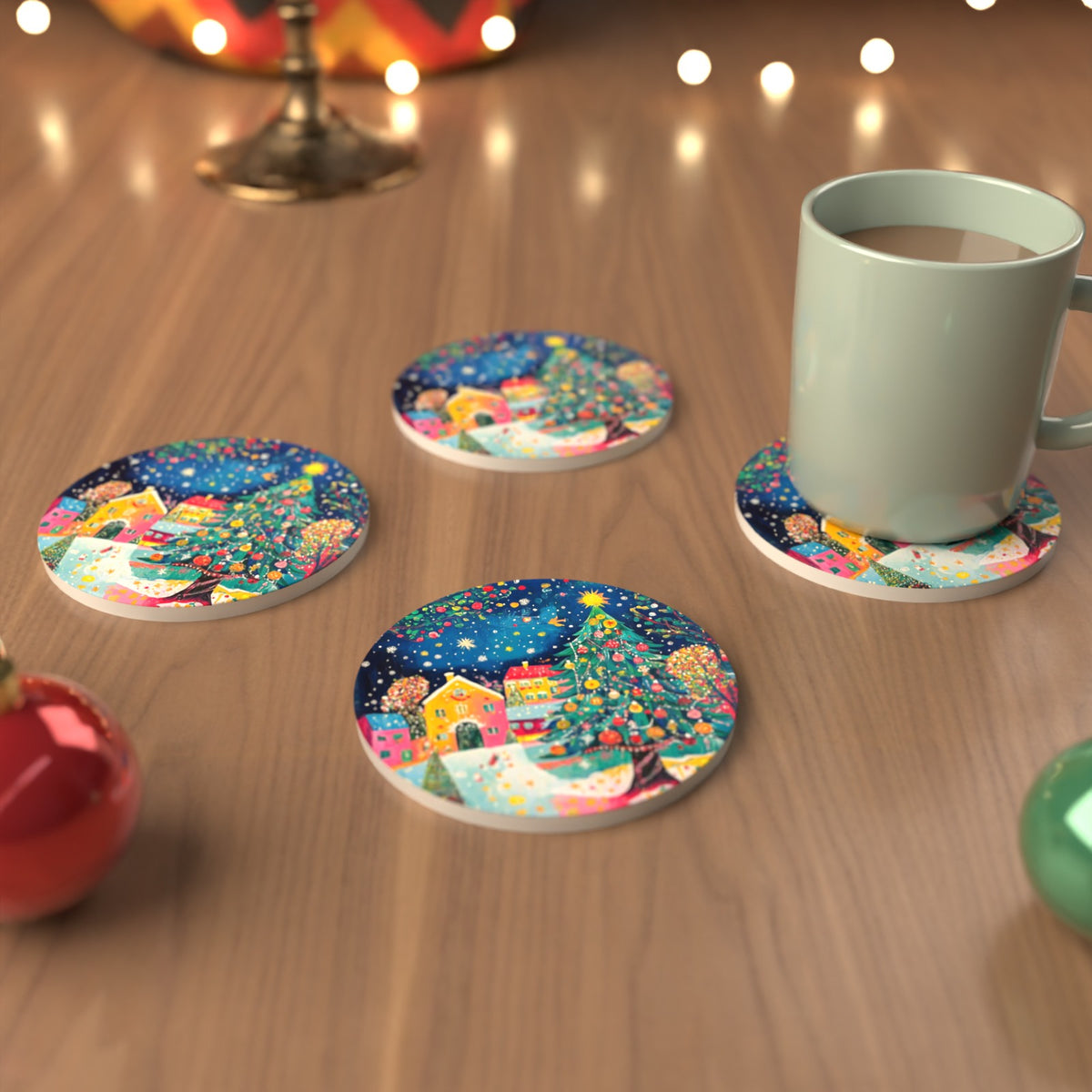 Folk Art Christmas Tree Village Round Ceramic Coasters – Set of 6 – cosy lifestyle mockup