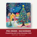 Folk Art Christmas Tree Village square glass coaster set of 6 – pre-order / backorder, dispatching mid to late November 2026