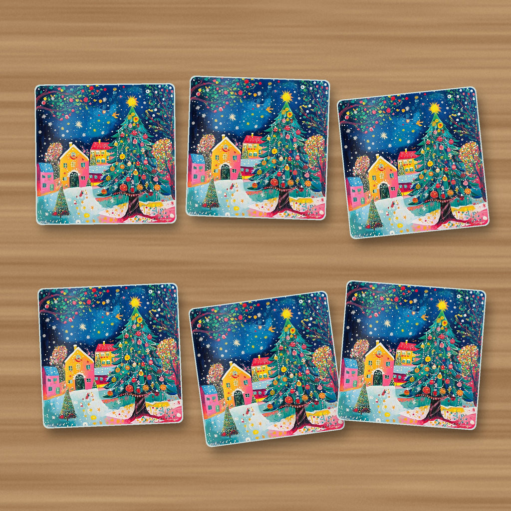 Folk Art Christmas Tree Village square glass coasters, set of 6, on an oak coffee table