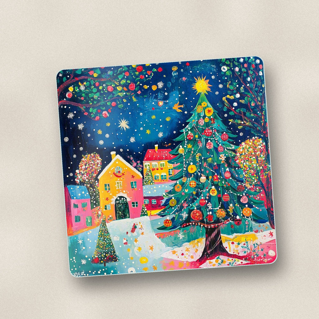 Close-up of one folk art christmas tree village square glass coaster, flat UV print