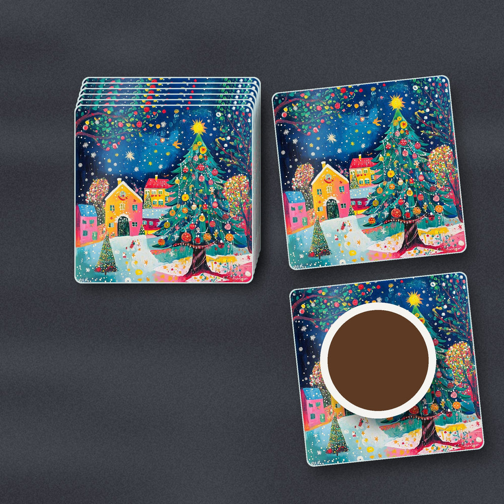 Folk Art Christmas Tree Village square glass coasters stacked on a slate kitchen worktop