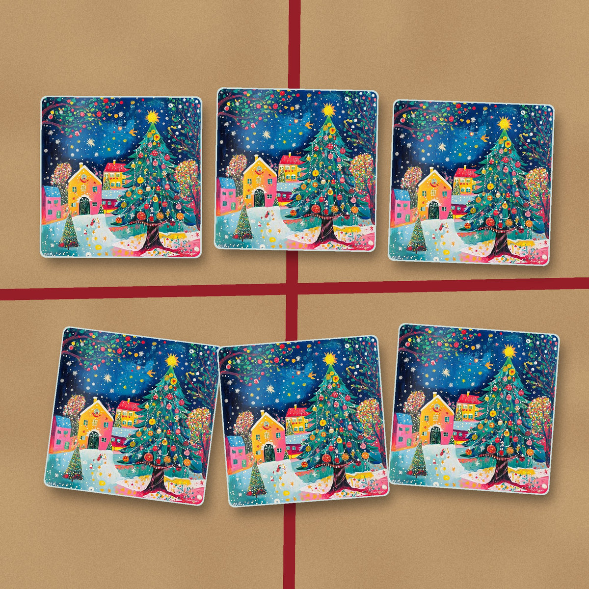 Folk Art Christmas Tree Village square glass coasters on kraft gift wrap