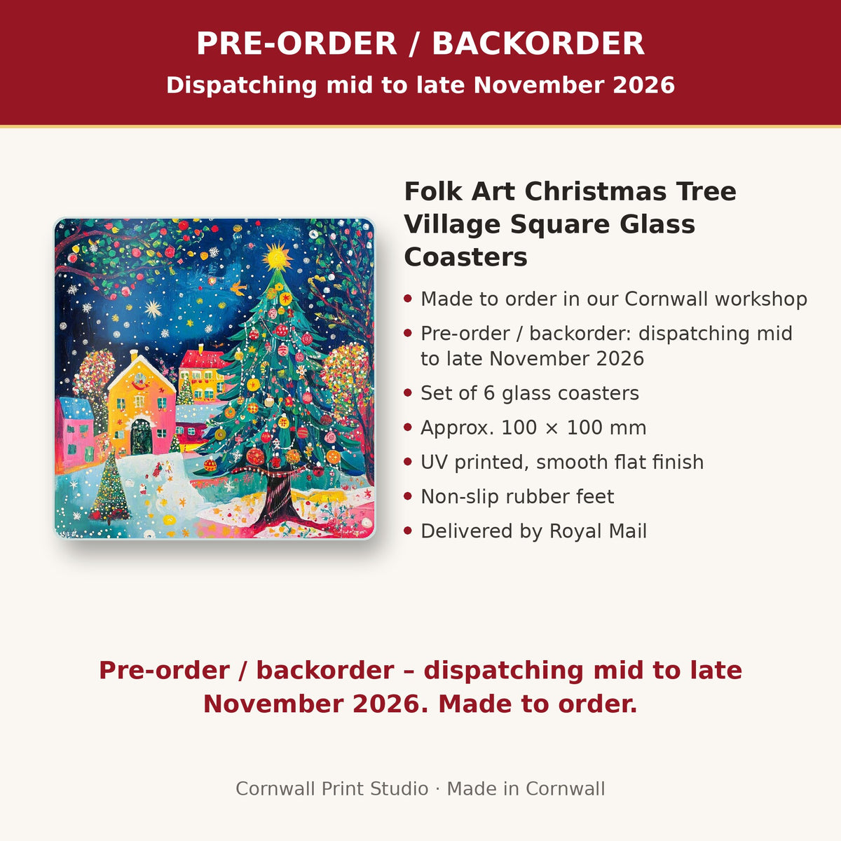 Info card: Folk Art Christmas Tree Village Square Glass Coasters – Set of 6, made to order, dispatching mid to late November 2026, delivered by Royal Mail