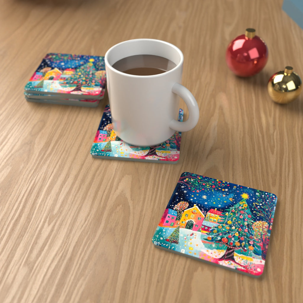 Folk Art Christmas Tree Village Square Glass Coasters – Set of 6 – lifestyle mockup with a mug of coffee