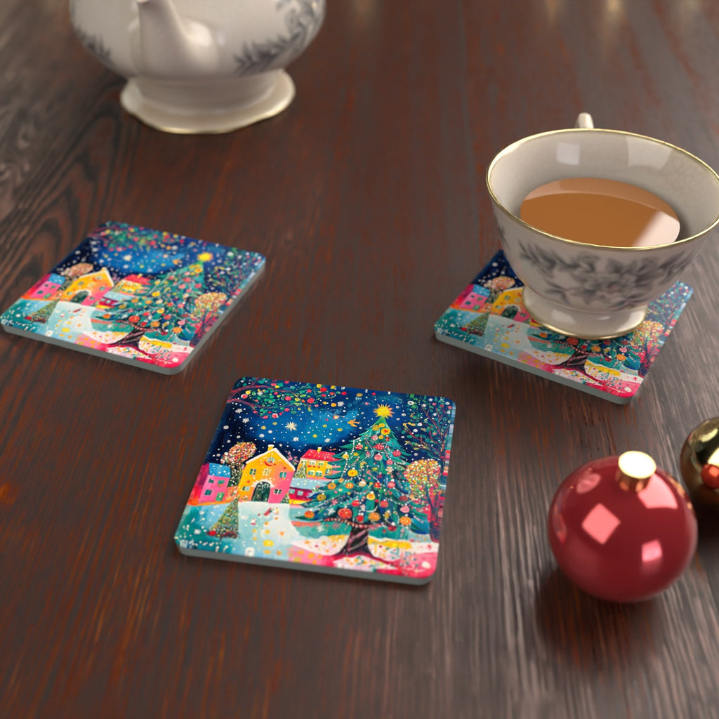 Folk Art Christmas Tree Village Square Glass Coasters – Set of 6 – lifestyle mockup with a teacup