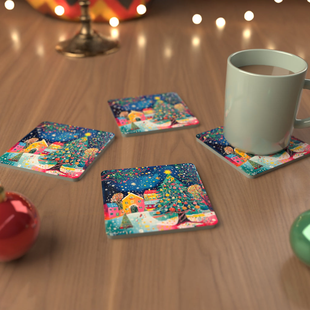 Folk Art Christmas Tree Village Square Glass Coasters – Set of 6 – cosy lifestyle mockup