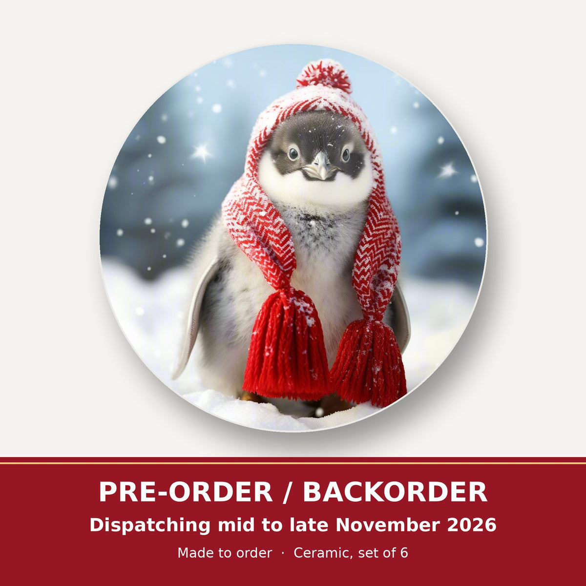 Penguin Chick in Red Knitted Hat round ceramic coaster set of 6 – pre-order / backorder, dispatching mid to late November 2026