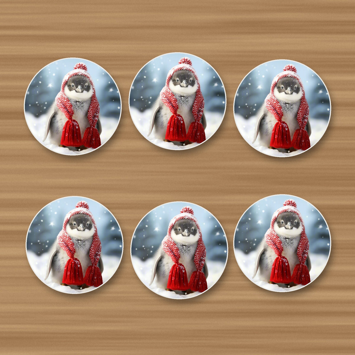 Penguin Chick in Red Knitted Hat round ceramic coasters, set of 6, on an oak coffee table