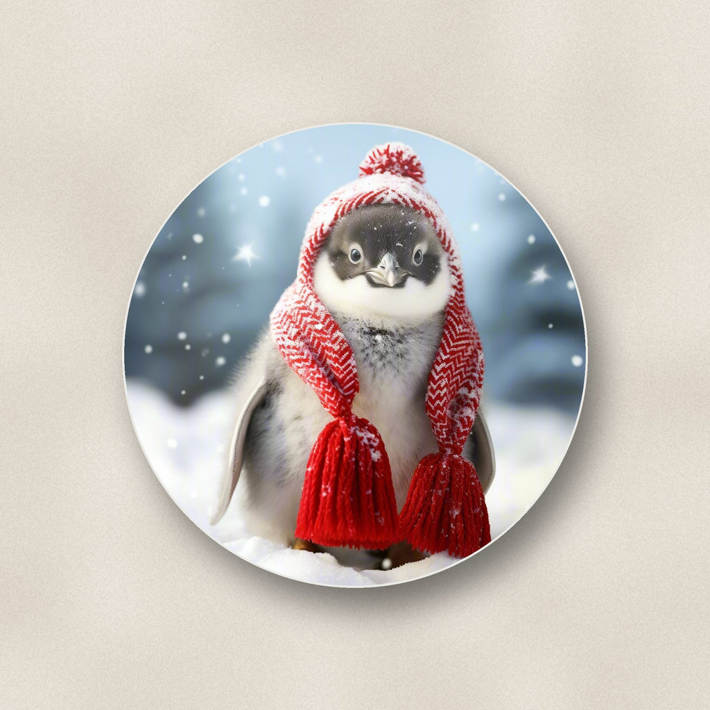 Close-up of one penguin chick in red knitted hat round ceramic coaster, flat UV print