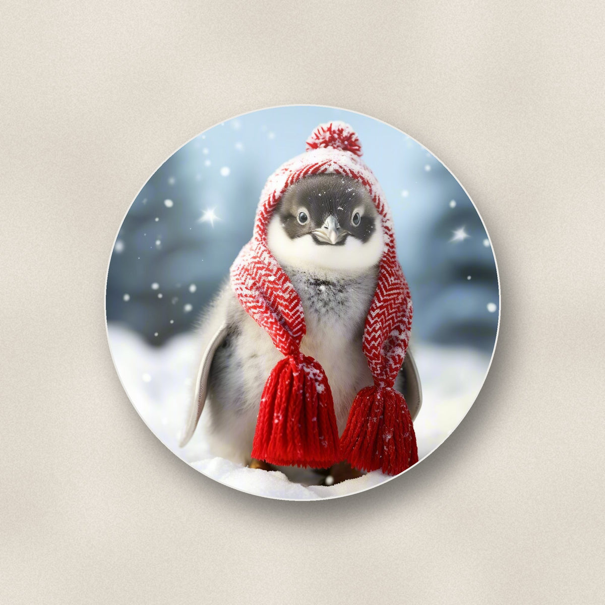 Close-up of one penguin chick in red knitted hat round ceramic coaster, flat UV print