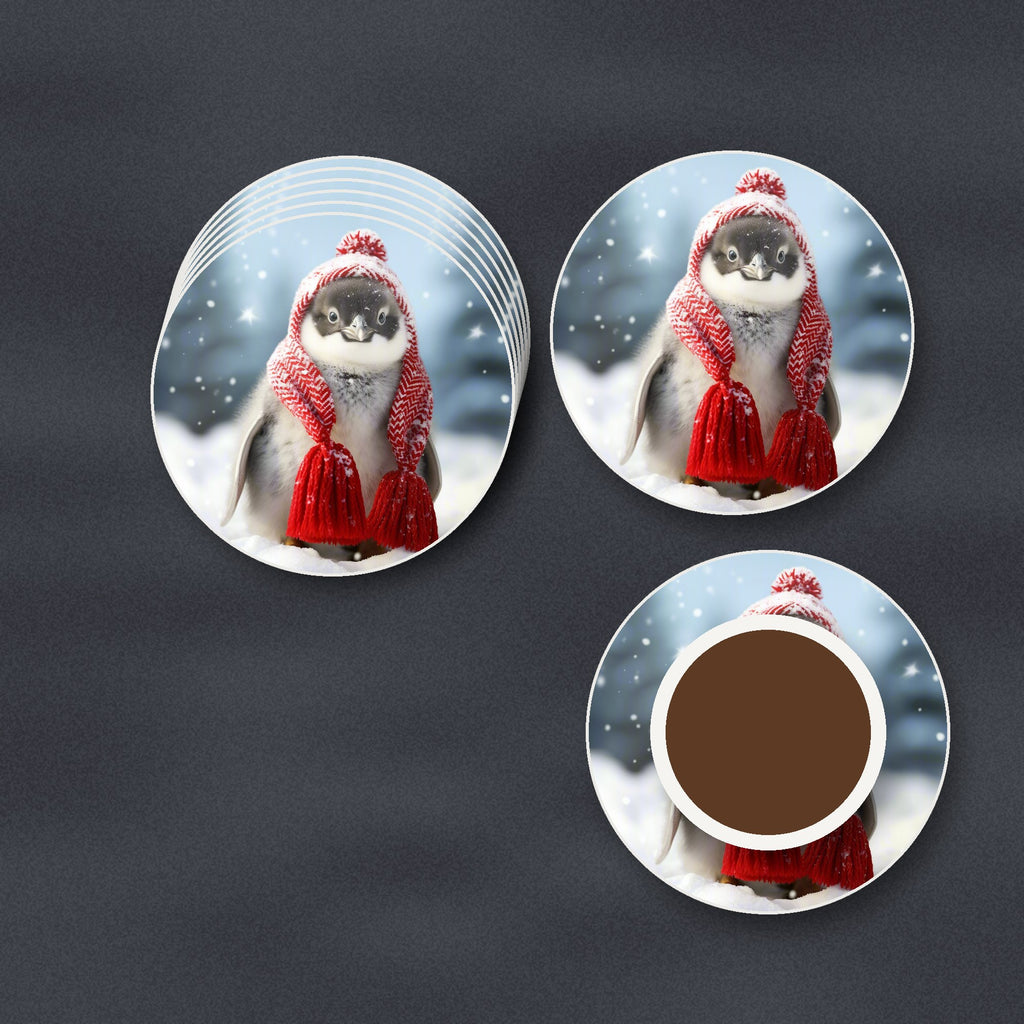 Penguin Chick in Red Knitted Hat round ceramic coasters stacked on a slate kitchen worktop