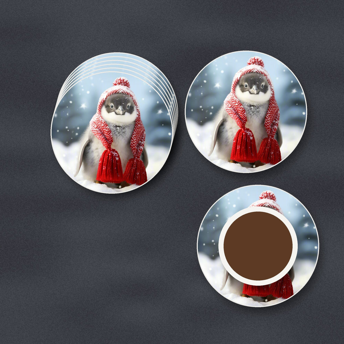 Penguin Chick in Red Knitted Hat round ceramic coasters stacked on a slate kitchen worktop
