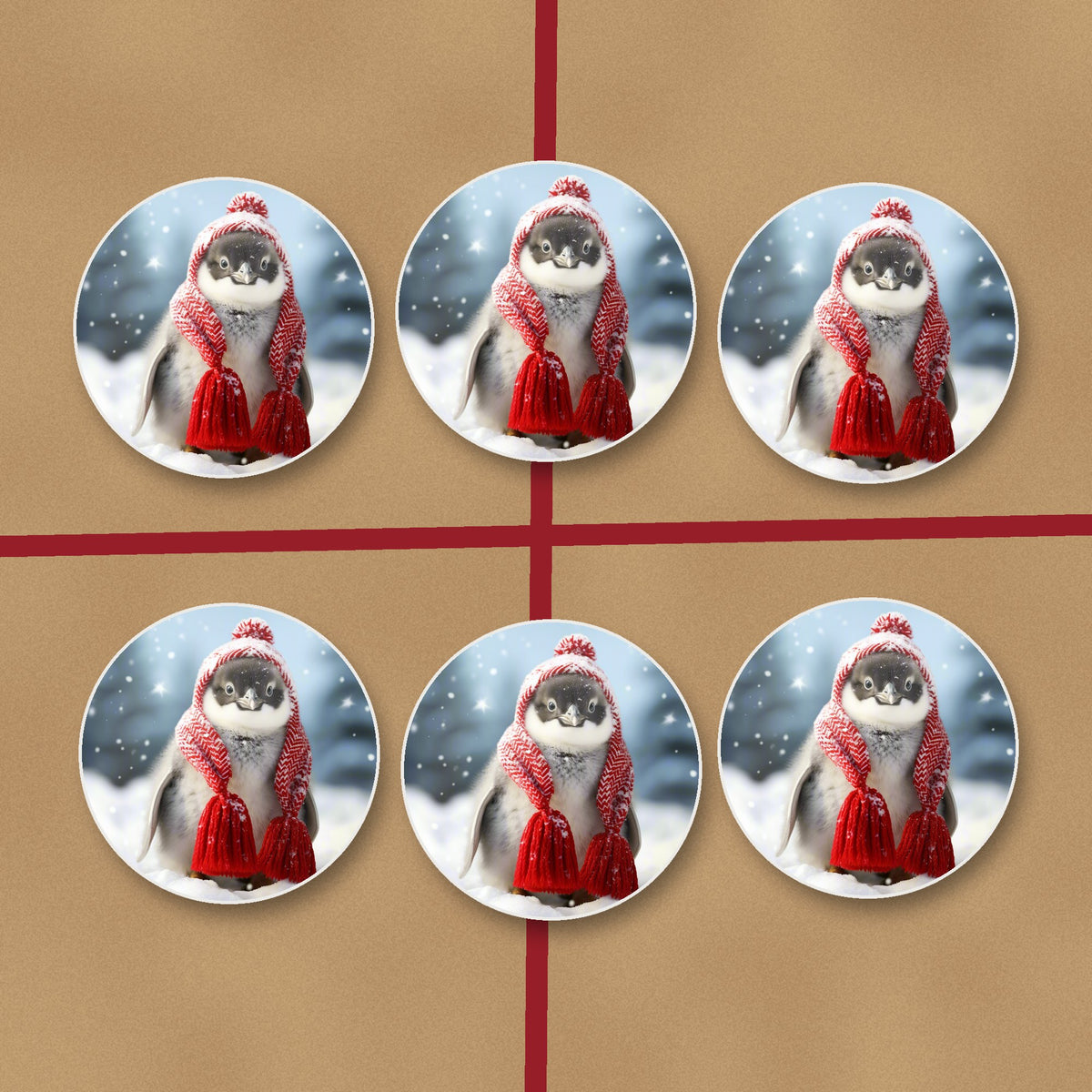 Penguin Chick in Red Knitted Hat round ceramic coasters on kraft gift wrap