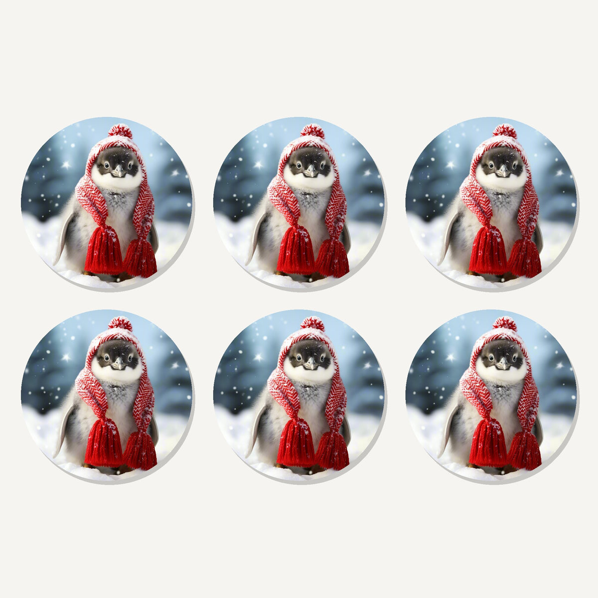 Flat lay of the penguin chick in red knitted hat artwork on six round coasters