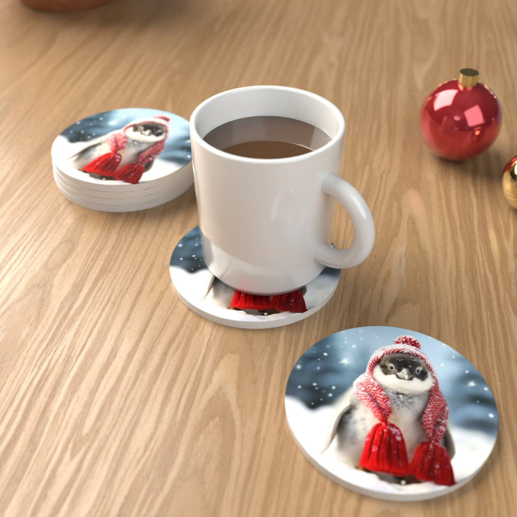 Penguin Chick in Red Knitted Hat Round Ceramic Coasters – Set of 6 – lifestyle mockup with a mug of coffee