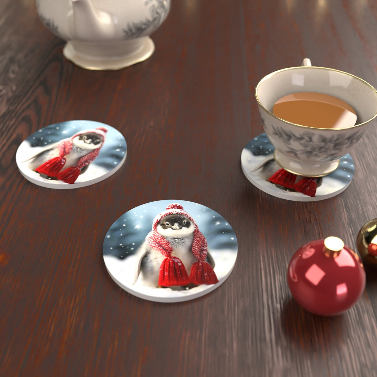 Penguin Chick in Red Knitted Hat Round Ceramic Coasters – Set of 6 – lifestyle mockup with a teacup