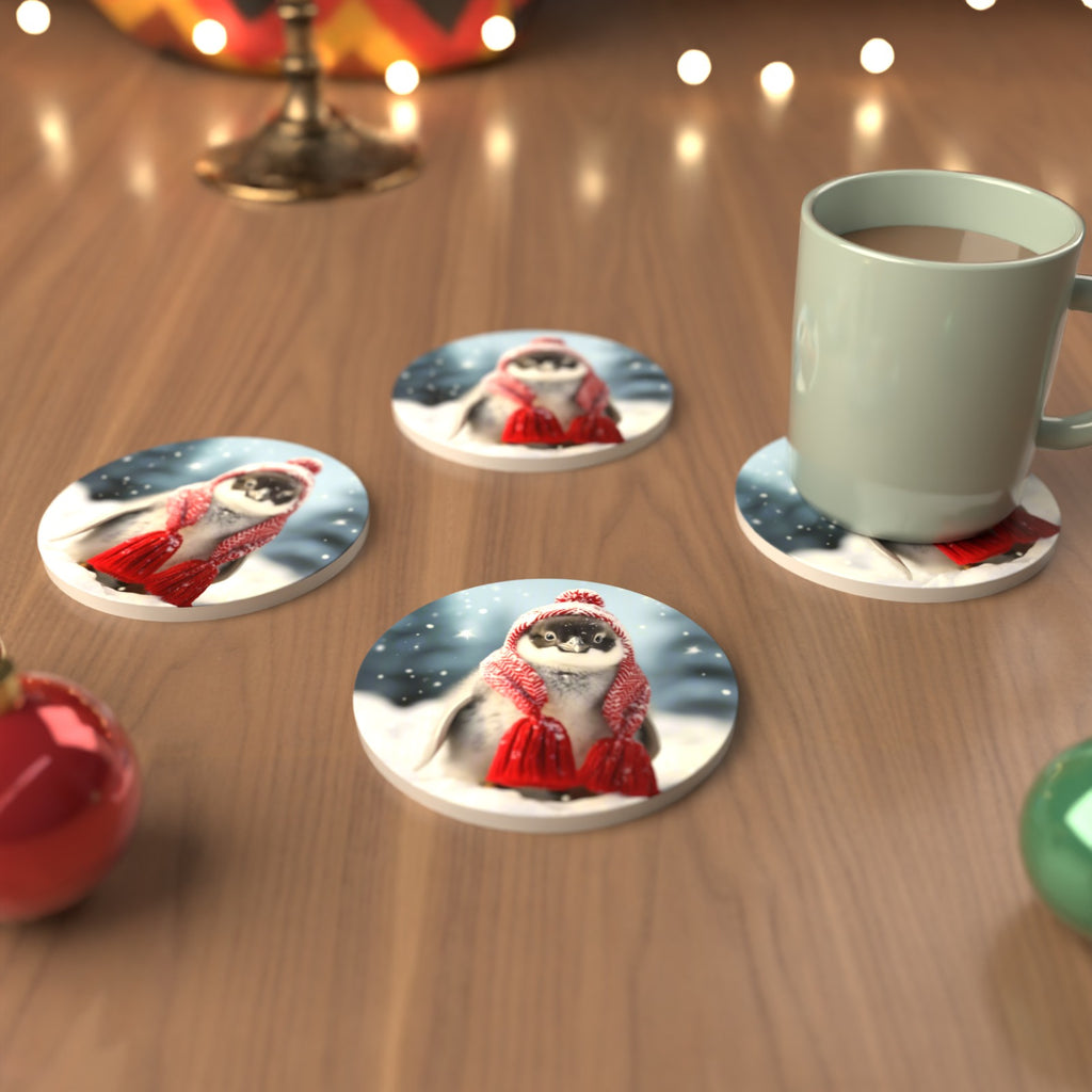 Penguin Chick in Red Knitted Hat Round Ceramic Coasters – Set of 6 – cosy lifestyle mockup