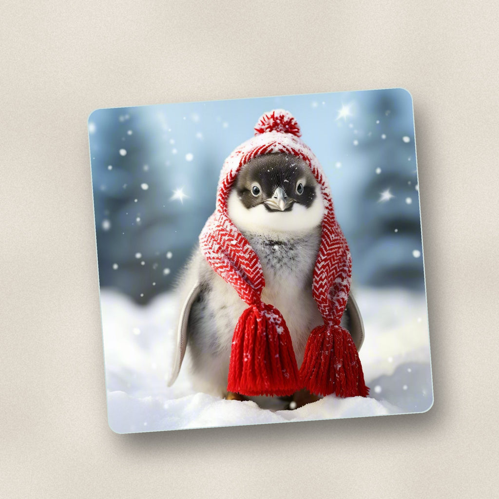 Close-up of one penguin chick in red knitted hat square glass coaster, flat UV print