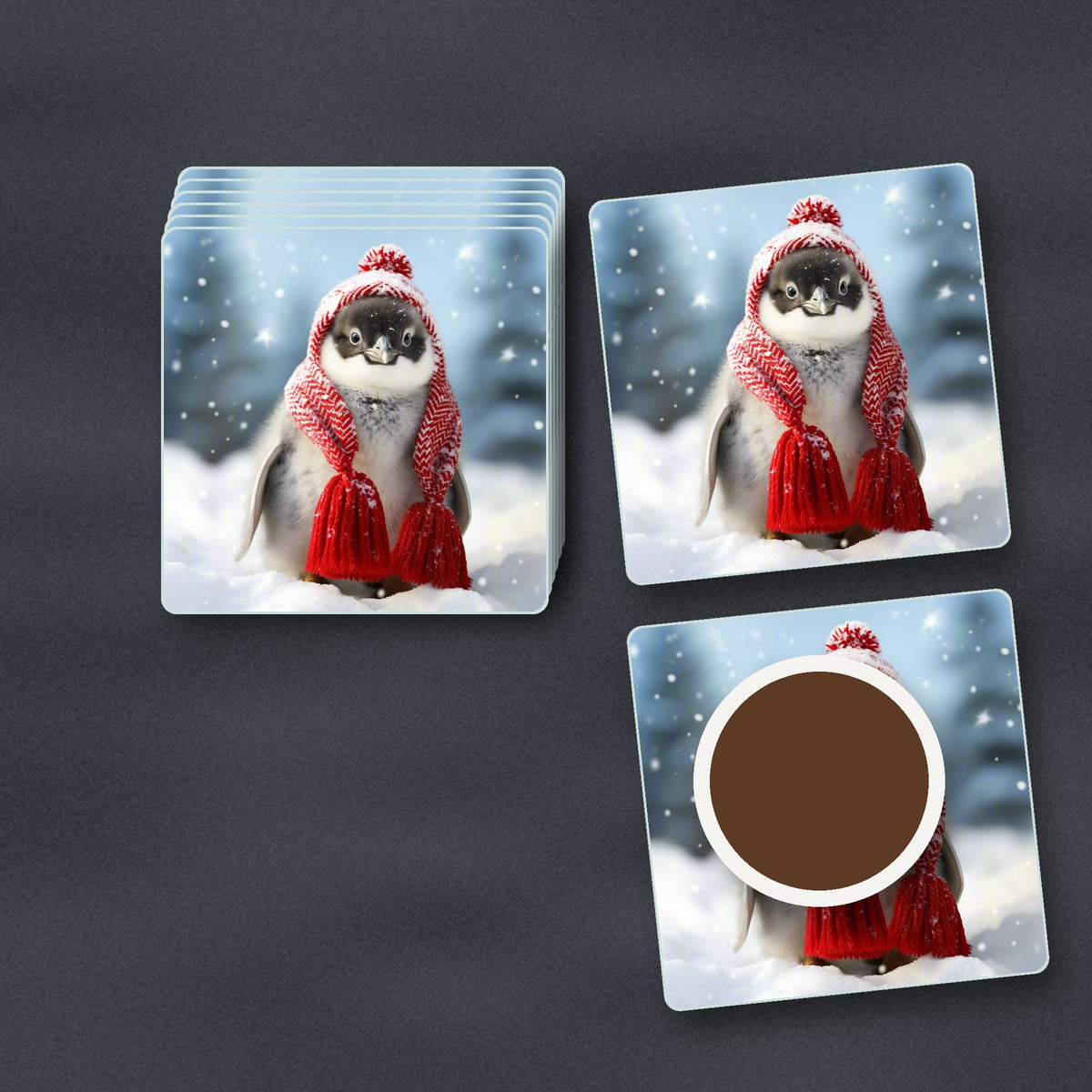 Penguin Chick in Red Knitted Hat square glass coasters stacked on a slate kitchen worktop
