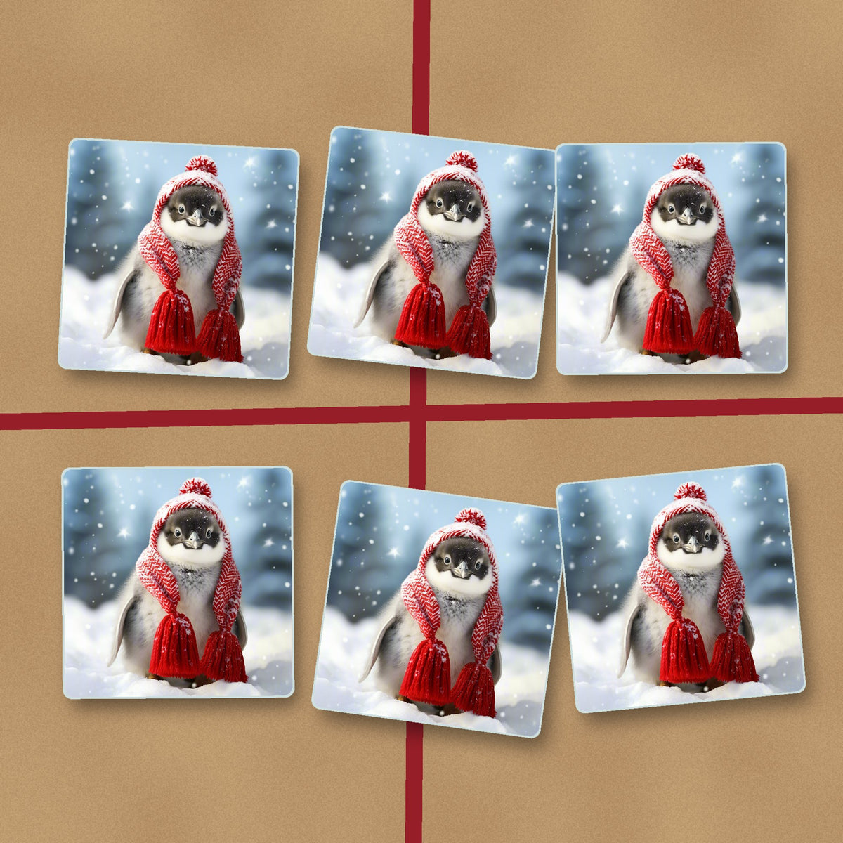 Penguin Chick in Red Knitted Hat square glass coasters on kraft gift wrap
