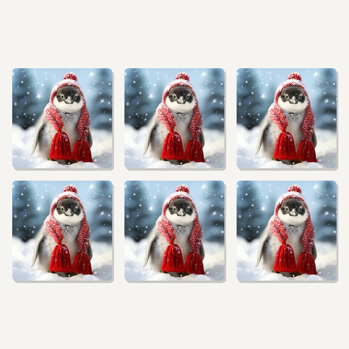 Flat lay of the penguin chick in red knitted hat artwork on six square coasters