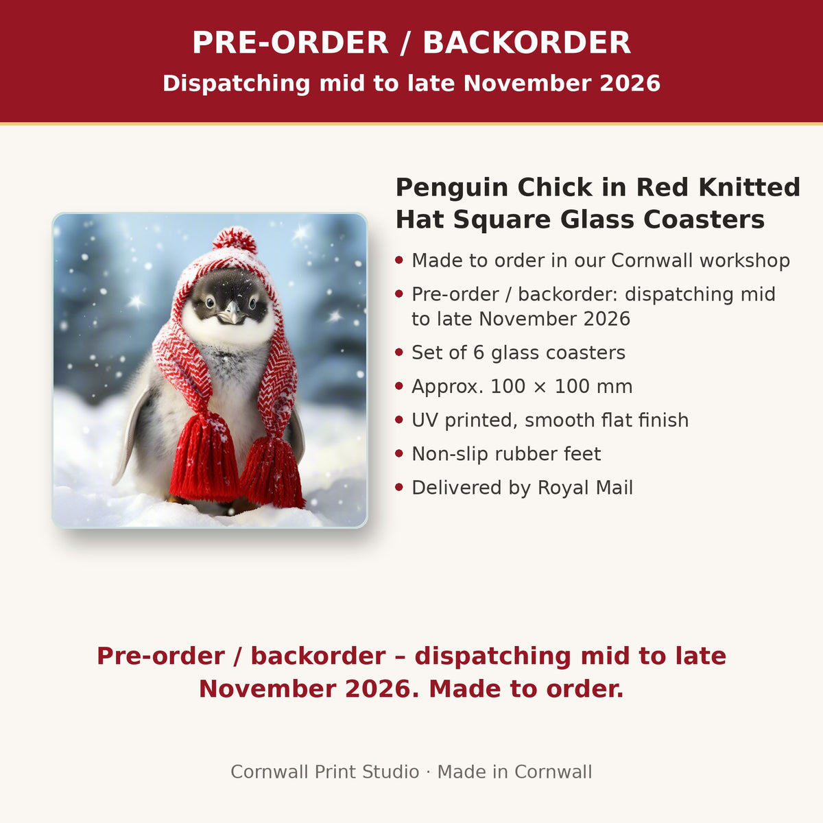 Info card: Penguin Chick in Red Knitted Hat Square Glass Coasters – Set of 6, made to order, dispatching mid to late November 2026, delivered by Royal Mail