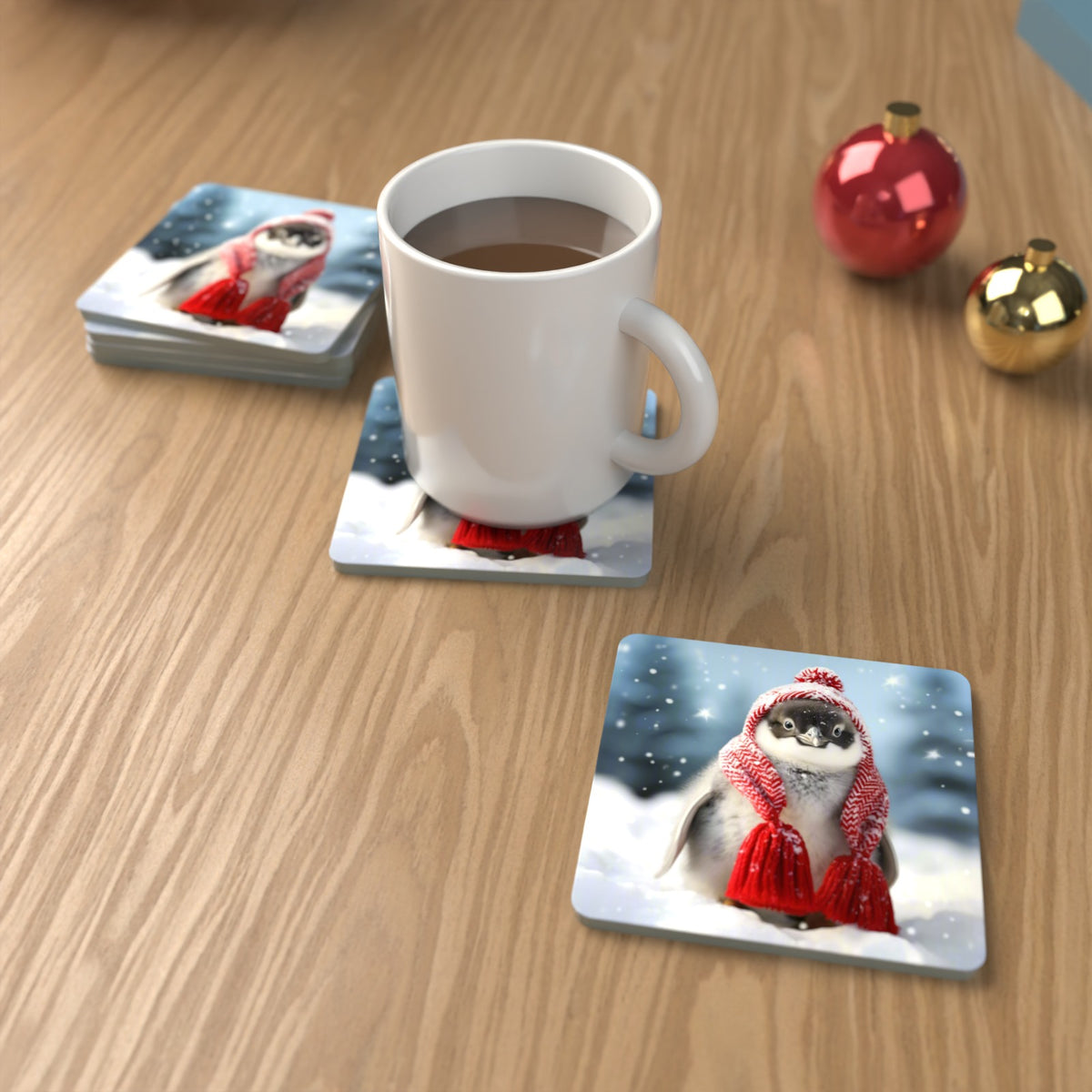 Penguin Chick in Red Knitted Hat Square Glass Coasters – Set of 6 – lifestyle mockup with a mug of coffee