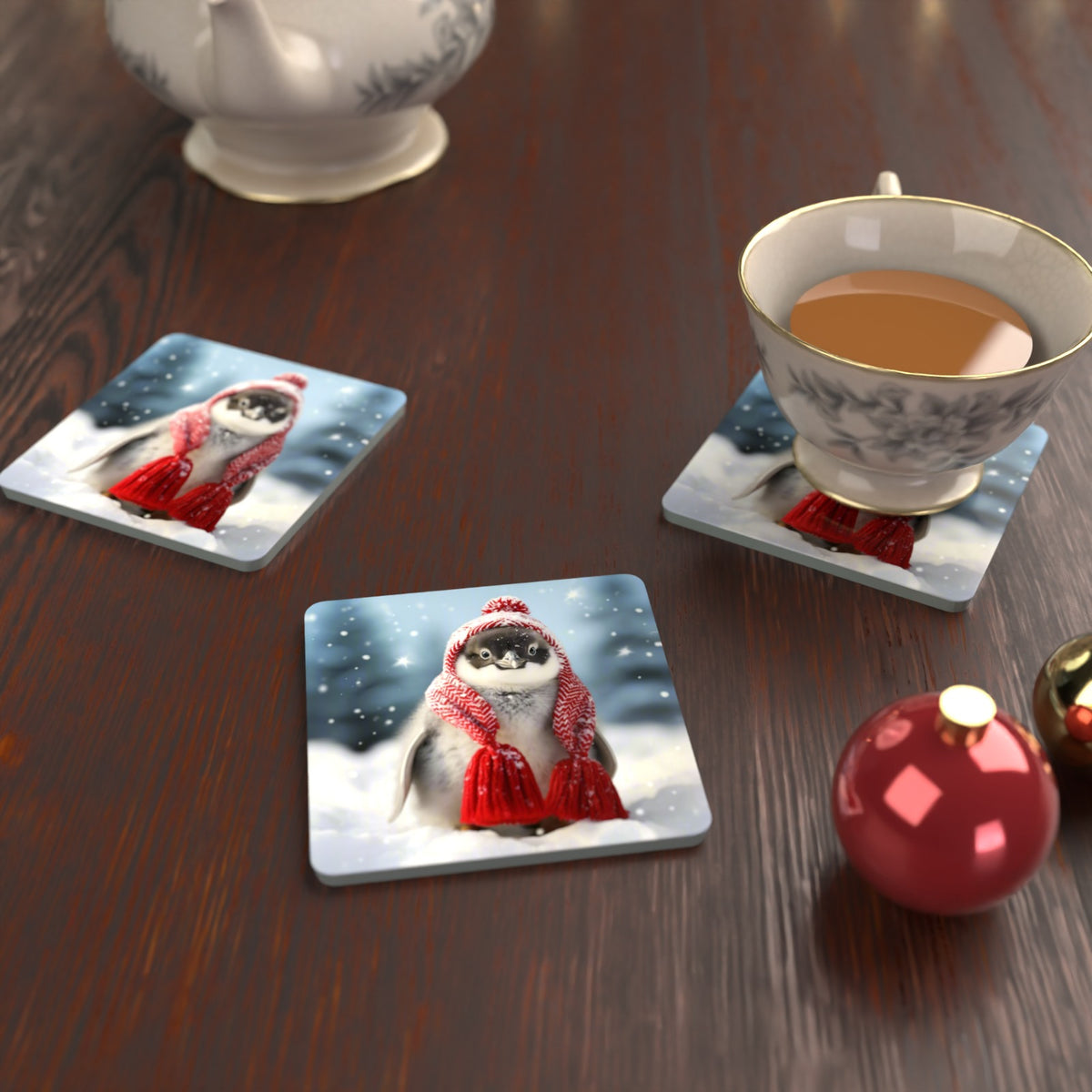 Penguin Chick in Red Knitted Hat Square Glass Coasters – Set of 6 – lifestyle mockup with a teacup