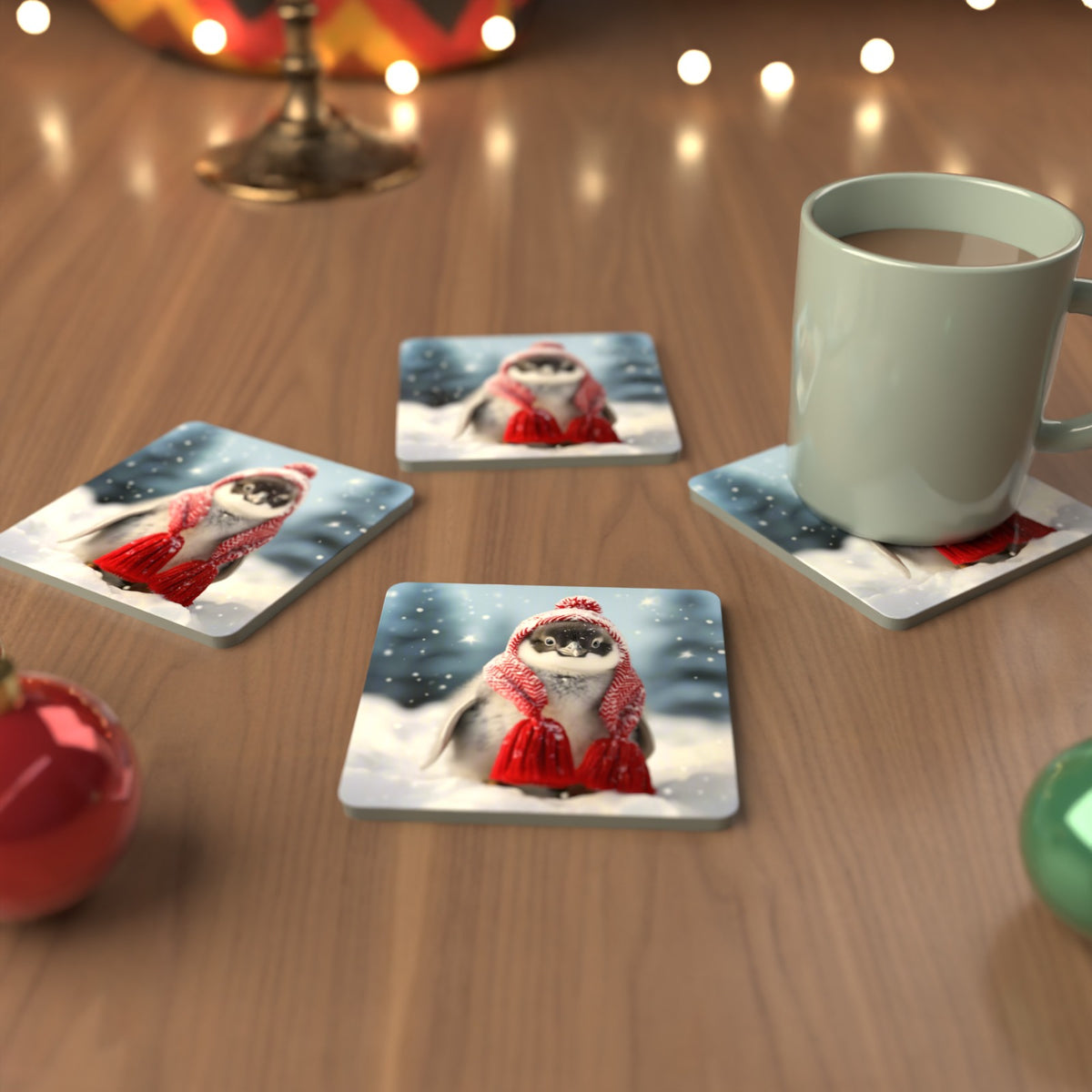 Penguin Chick in Red Knitted Hat Square Glass Coasters – Set of 6 – cosy lifestyle mockup