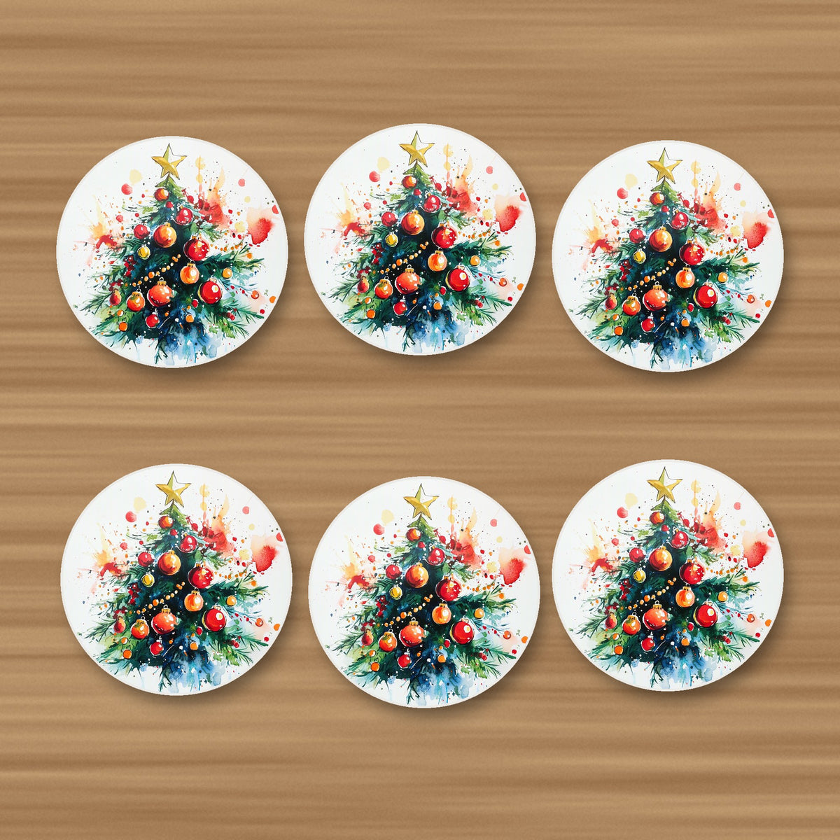 Watercolour Christmas Tree with Red Baubles round ceramic coasters, set of 6, on an oak coffee table