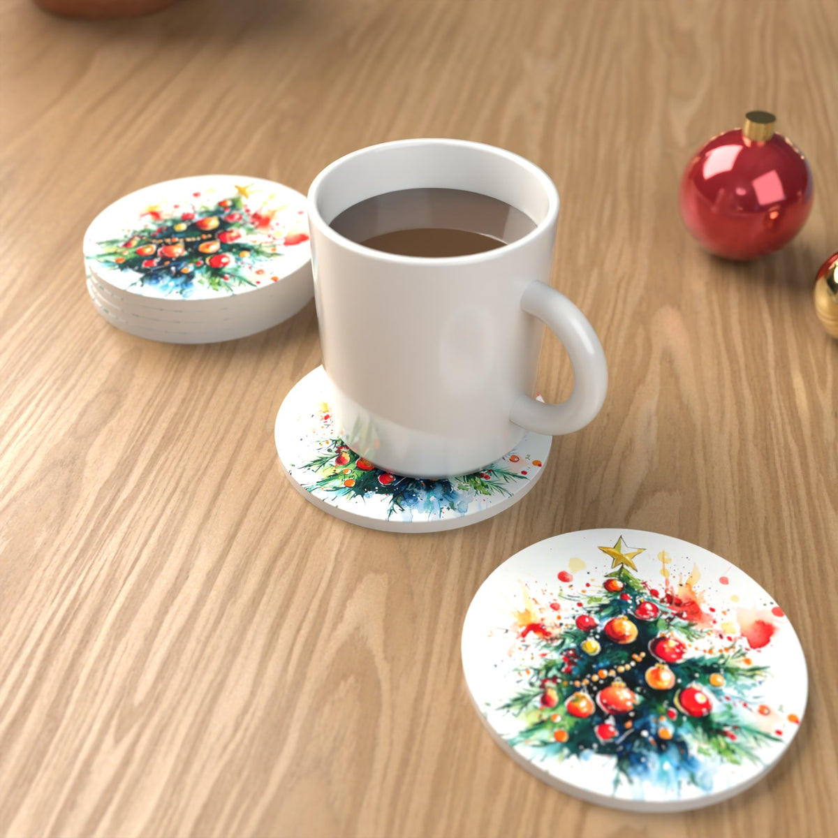Watercolour Christmas Tree with Red Baubles Round Ceramic Coasters – Set of 6 – lifestyle mockup with a mug of coffee