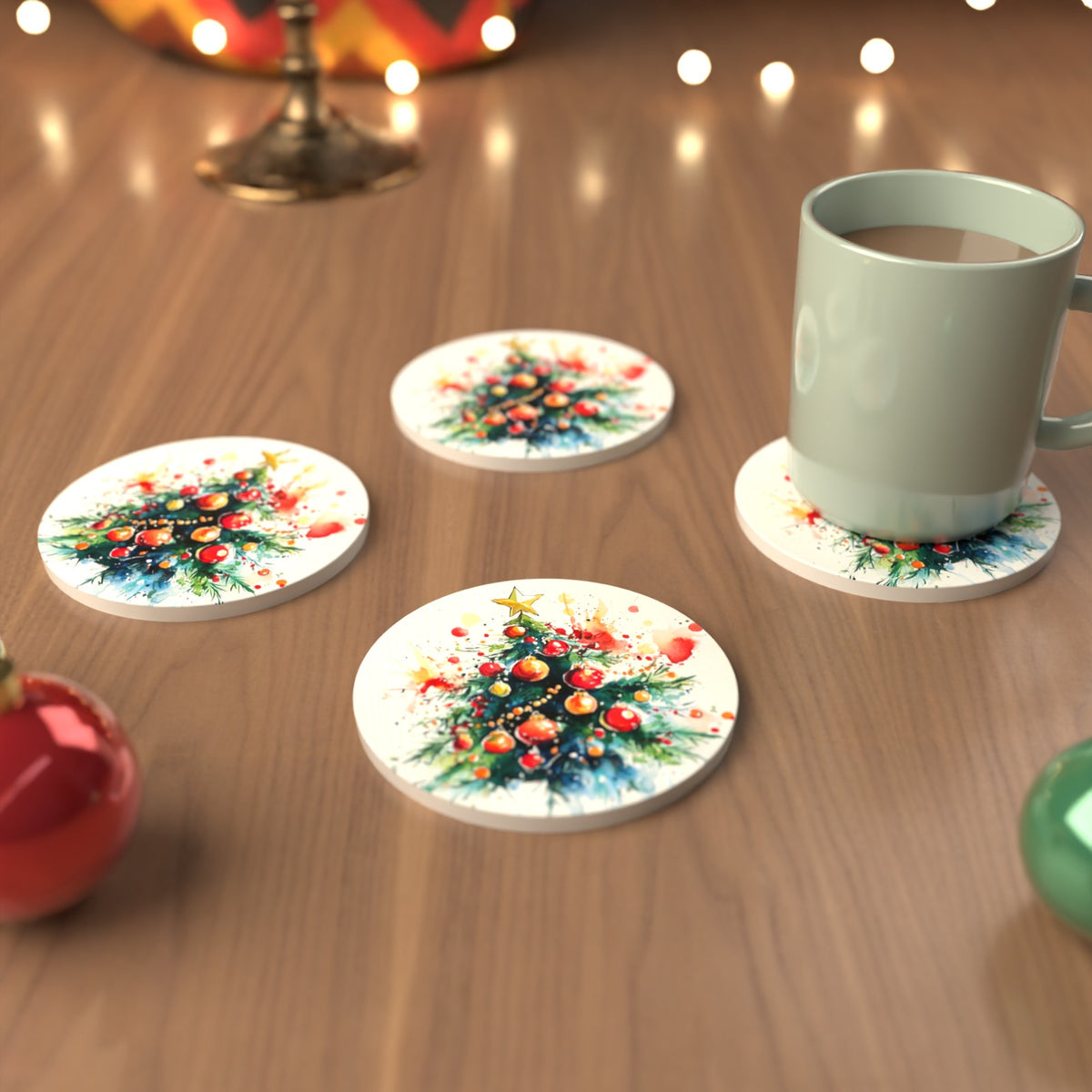 Watercolour Christmas Tree with Red Baubles Round Ceramic Coasters – Set of 6 – cosy lifestyle mockup