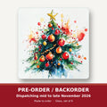 Watercolour Christmas Tree with Red Baubles square glass coaster set of 6 – pre-order / backorder, dispatching mid to late November 2026