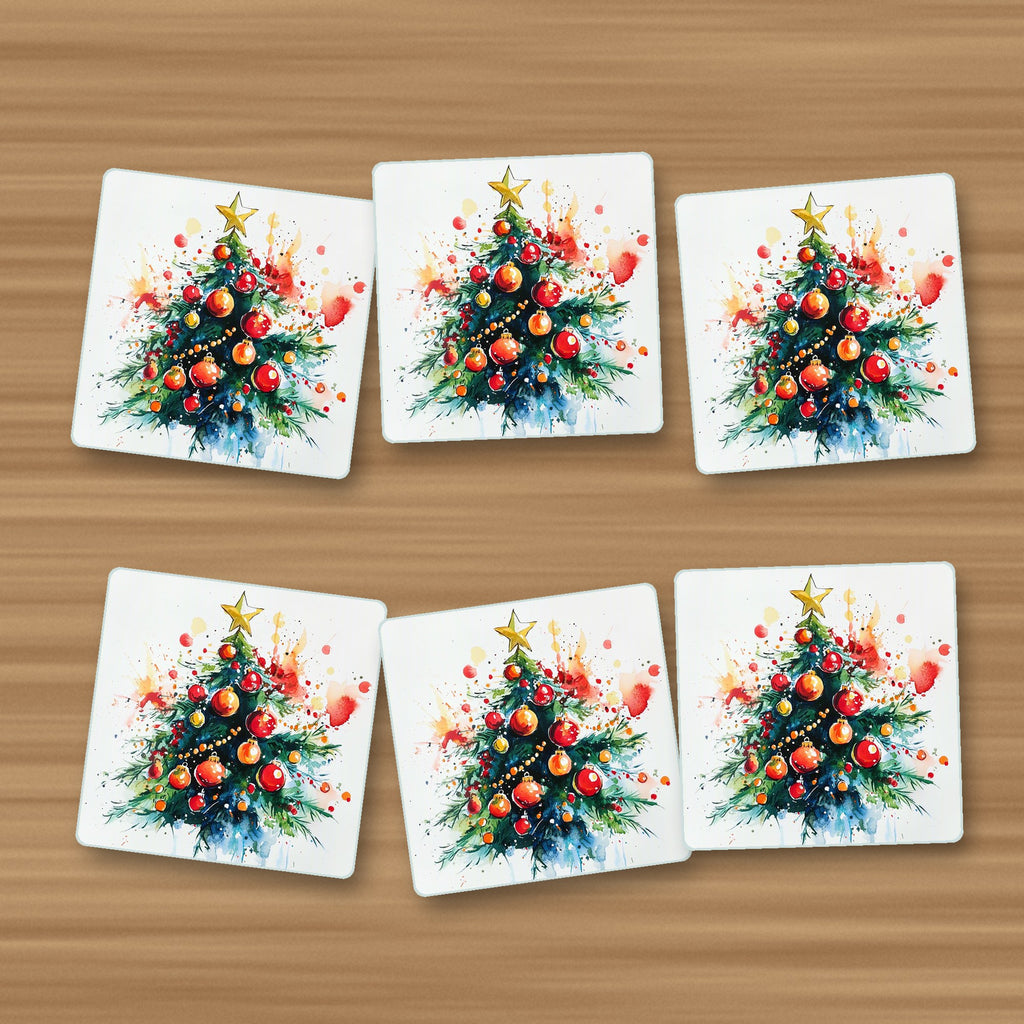Watercolour Christmas Tree with Red Baubles square glass coasters, set of 6, on an oak coffee table