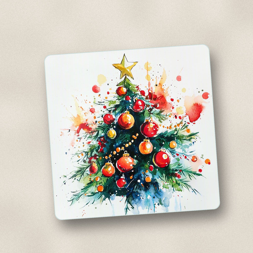 Close-up of one watercolour christmas tree with red baubles square glass coaster, flat UV print