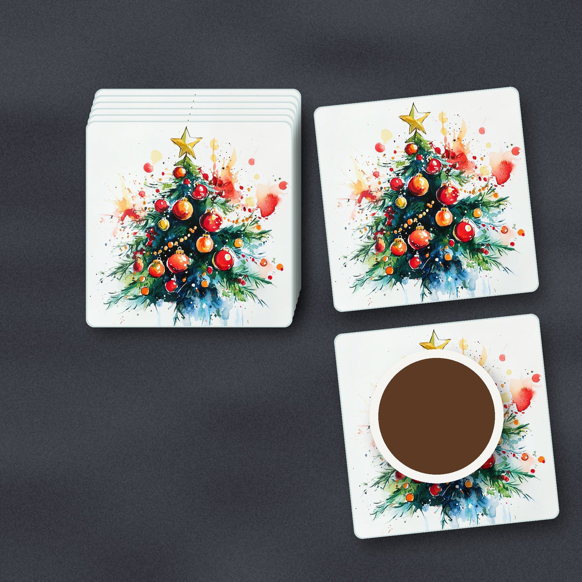 Watercolour Christmas Tree with Red Baubles square glass coasters stacked on a slate kitchen worktop