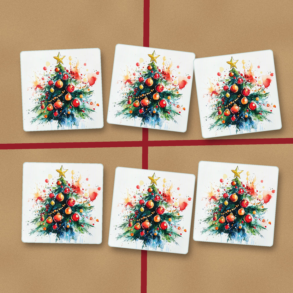 Watercolour Christmas Tree with Red Baubles square glass coasters on kraft gift wrap