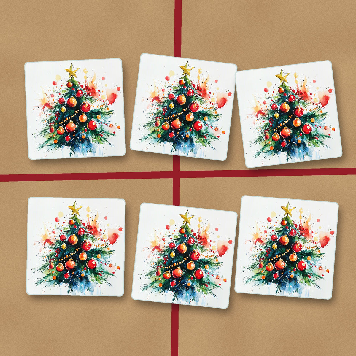Watercolour Christmas Tree with Red Baubles square glass coasters on kraft gift wrap