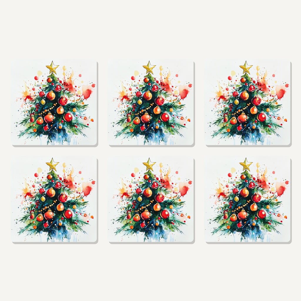 Flat lay of the watercolour christmas tree with red baubles artwork on six square coasters