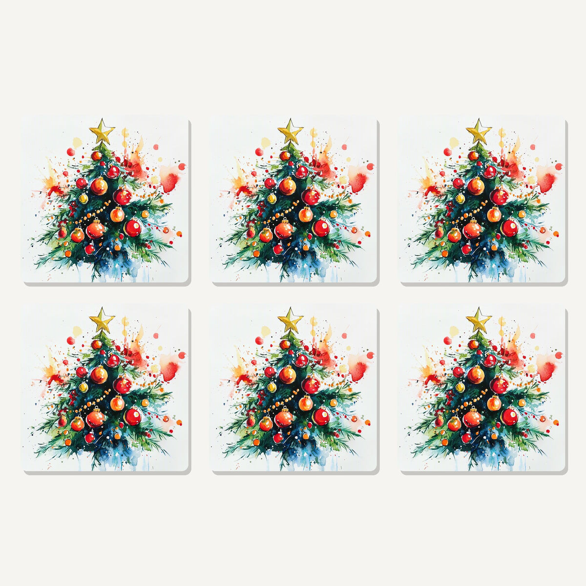 Flat lay of the watercolour christmas tree with red baubles artwork on six square coasters