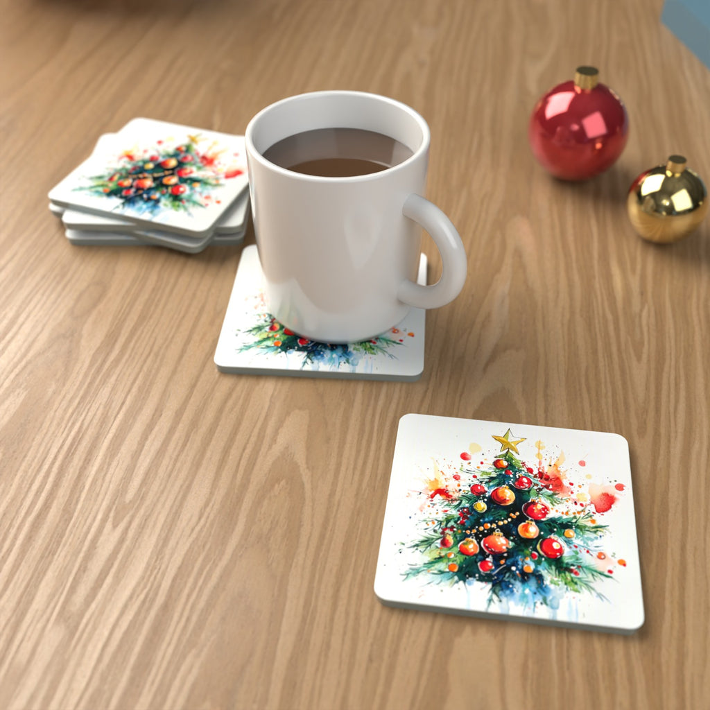 Watercolour Christmas Tree with Red Baubles Square Glass Coasters – Set of 6 – lifestyle mockup with a mug of coffee