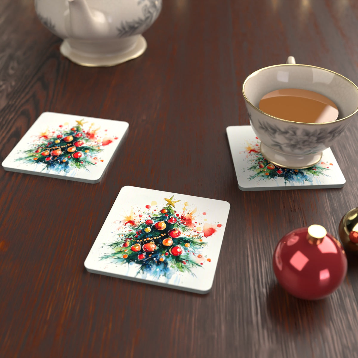 Watercolour Christmas Tree with Red Baubles Square Glass Coasters – Set of 6 – lifestyle mockup with a teacup