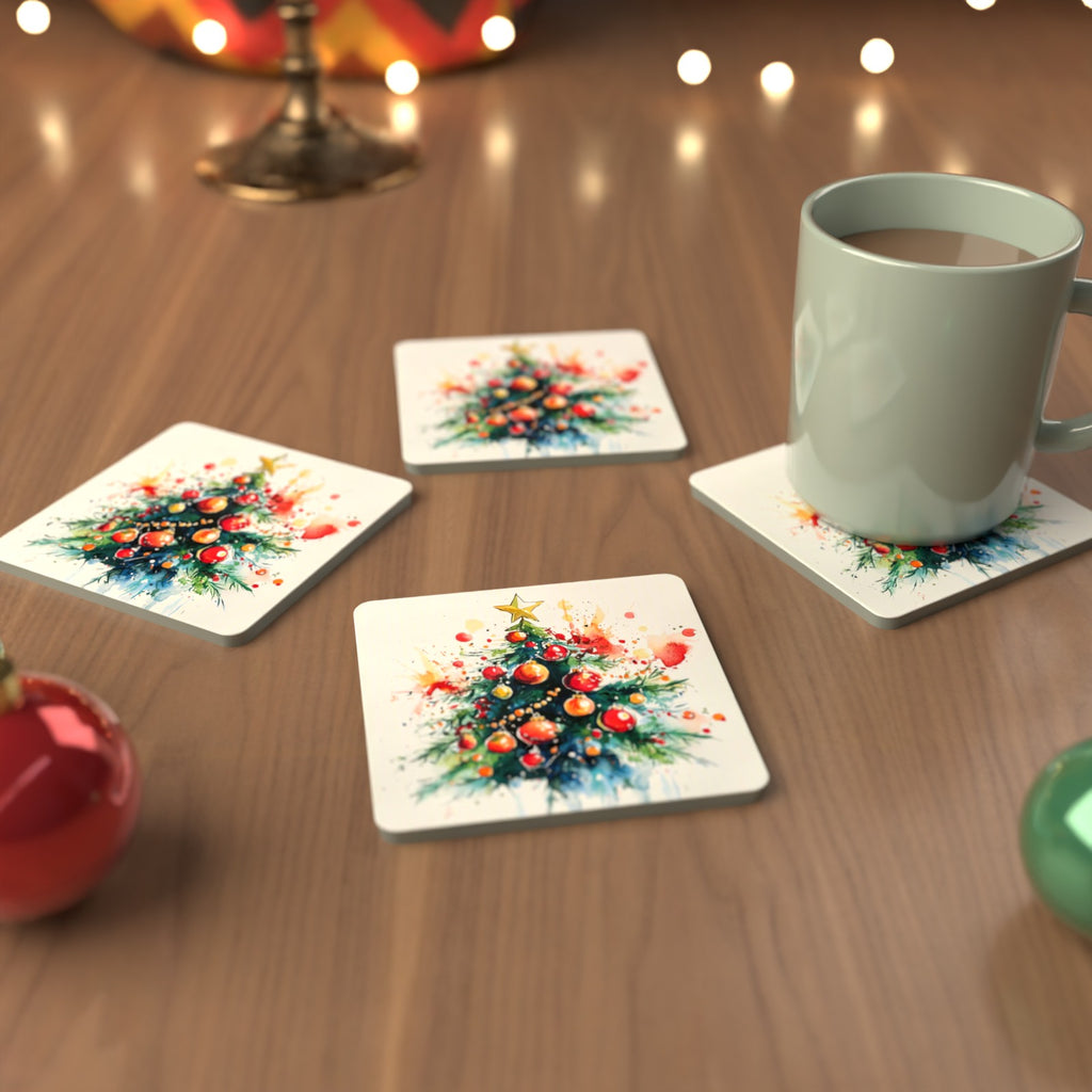 Watercolour Christmas Tree with Red Baubles Square Glass Coasters – Set of 6 – cosy lifestyle mockup