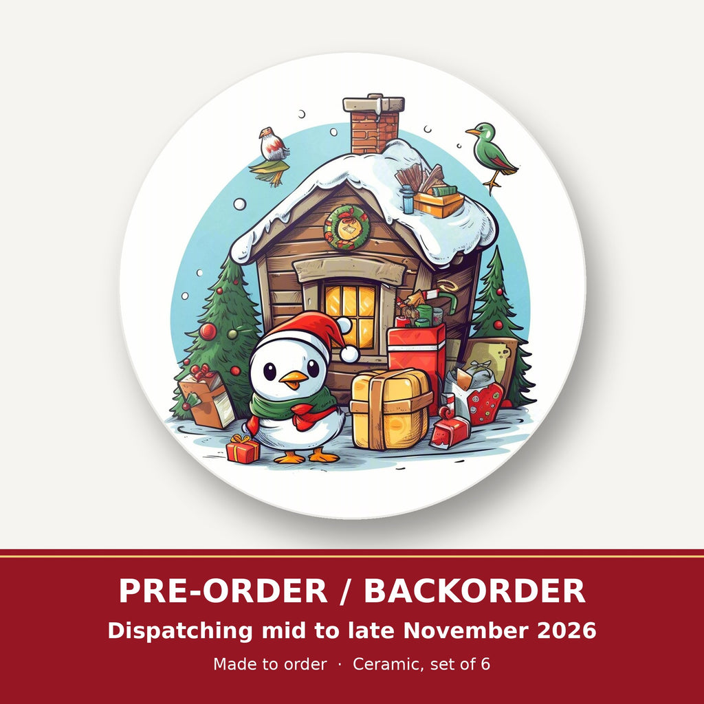 Christmas Cabin with Penguin round ceramic coaster set of 6 – pre-order / backorder, dispatching mid to late November 2026