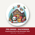 Christmas Cabin with Penguin round ceramic coaster set of 6 – pre-order / backorder, dispatching mid to late November 2026