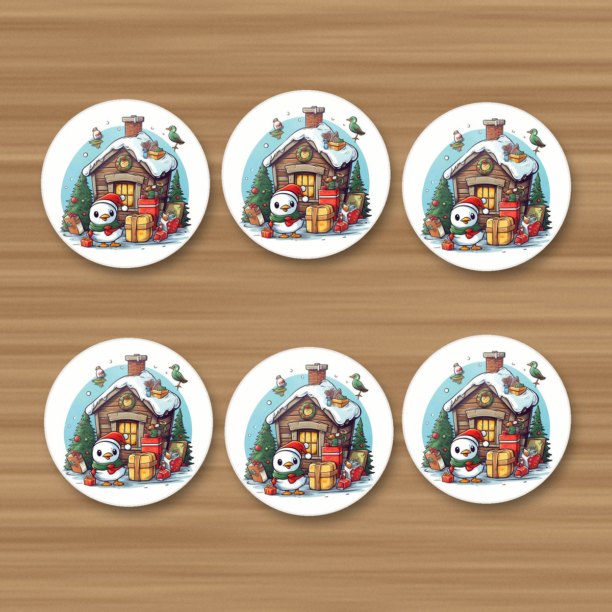 Christmas Cabin with Penguin round ceramic coasters, set of 6, on an oak coffee table