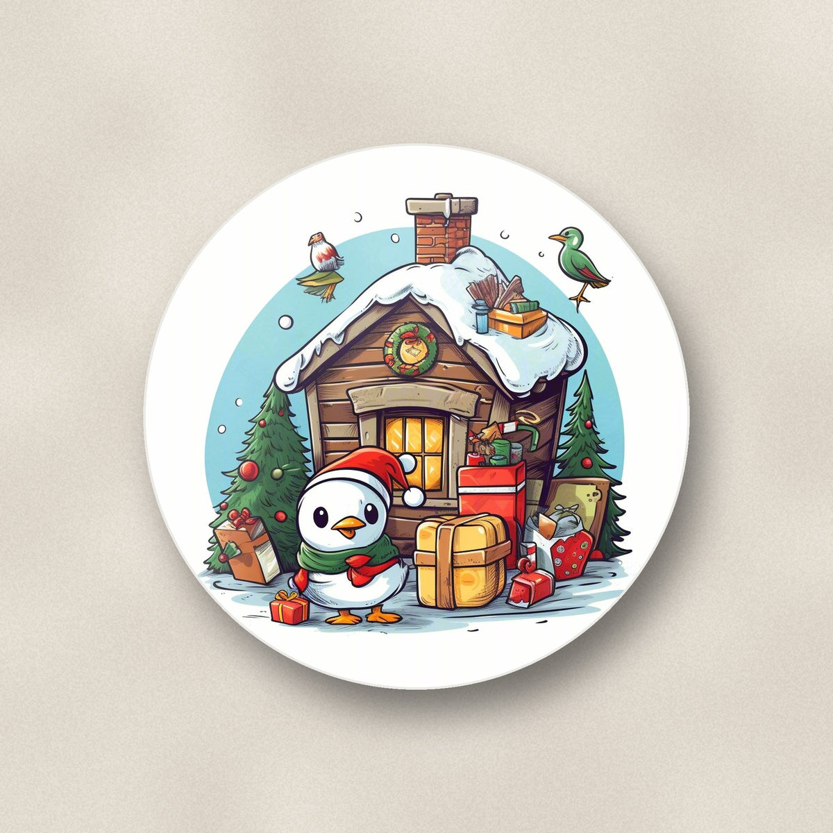Close-up of one christmas cabin with penguin round ceramic coaster, flat UV print