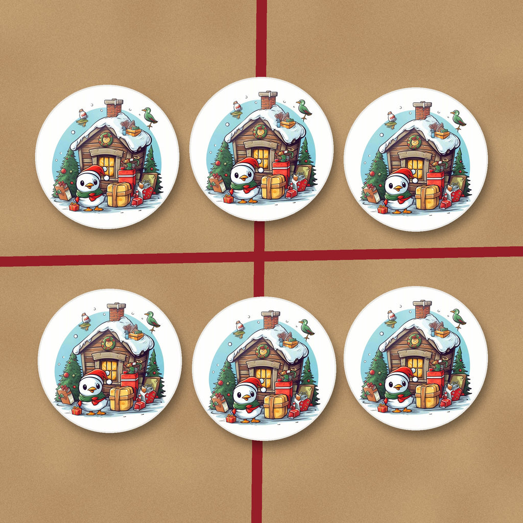 Christmas Cabin with Penguin round ceramic coasters on kraft gift wrap