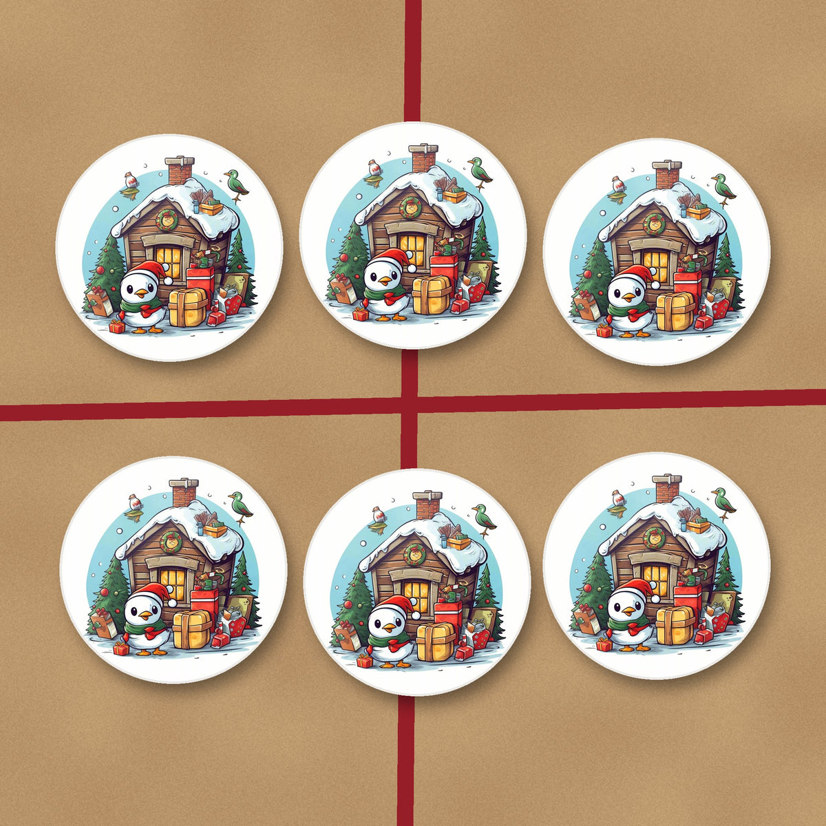Christmas Cabin with Penguin round ceramic coasters on kraft gift wrap
