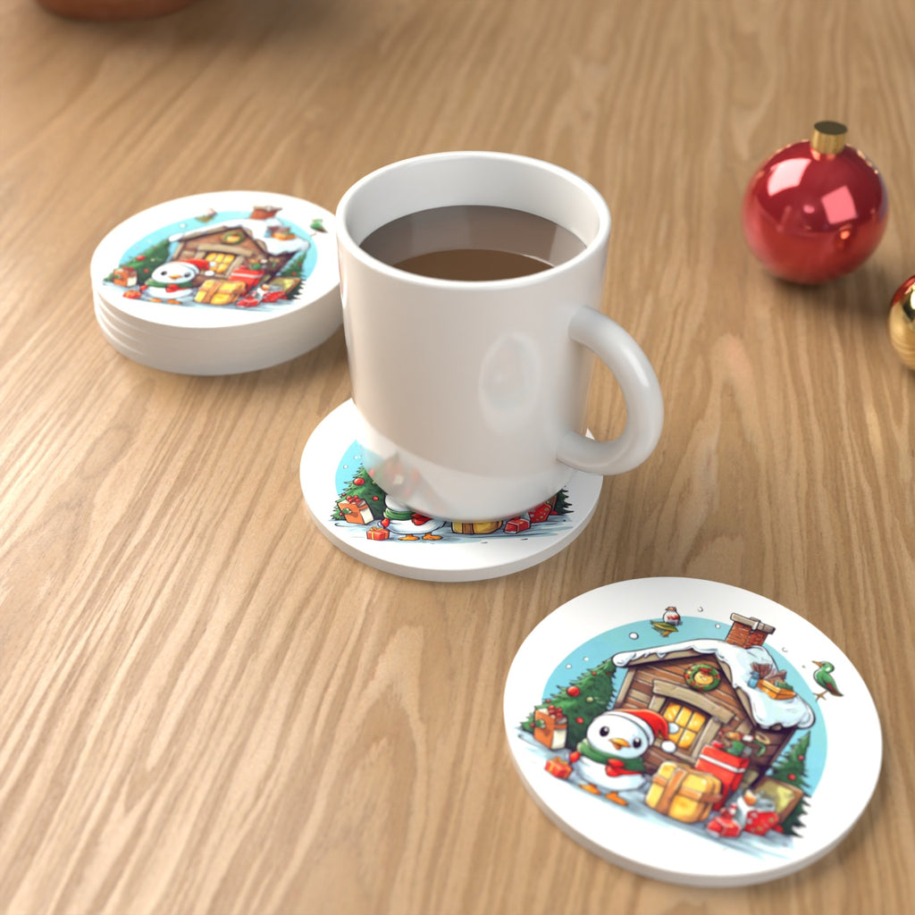 Christmas Cabin with Penguin Round Ceramic Coasters – Set of 6 – lifestyle mockup with a mug of coffee